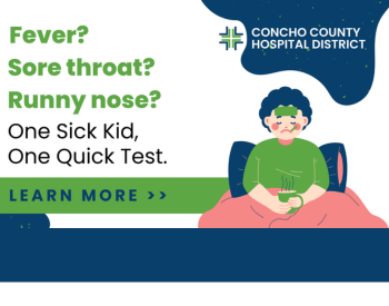 A person is sitting up in bed, sick. One sick kid, One quick test. Learn more!