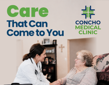 Ad picture of a female Physician holding an elderly female patients hand. They are smiling at each other. Ad says Care that can come to you